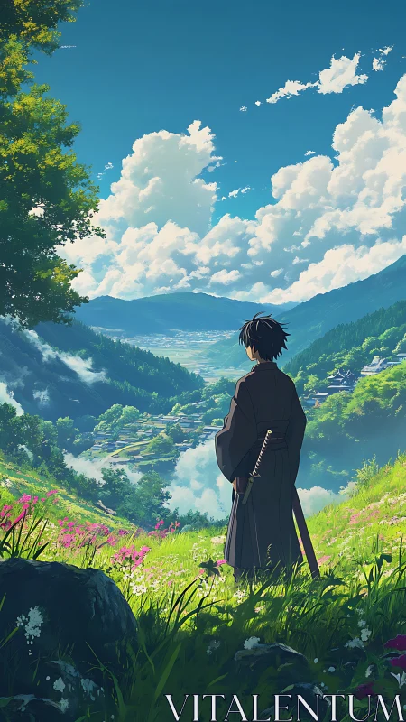 Quiet samurai gazes over a sunlit valley of clouds and green