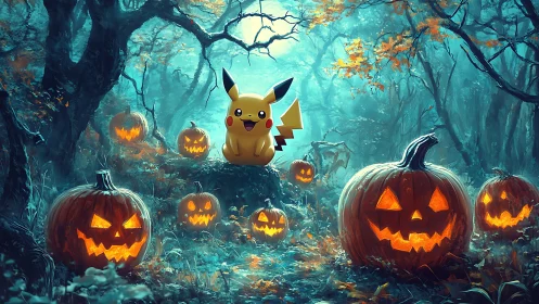 Pikachu in haunted pumpkin forest glowing at dusk.
