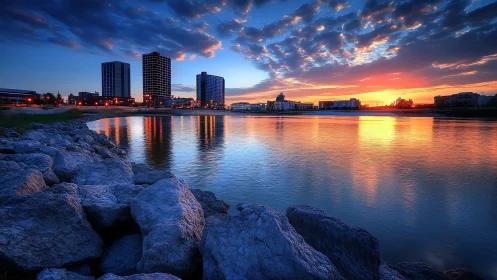 Urban waterfront skyline under vivid sunset glow.
