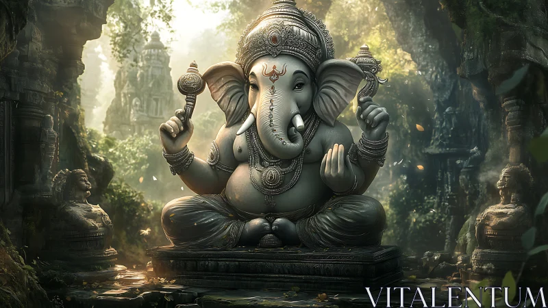 Divine elephant deity sculpture in misty jungle temple light.