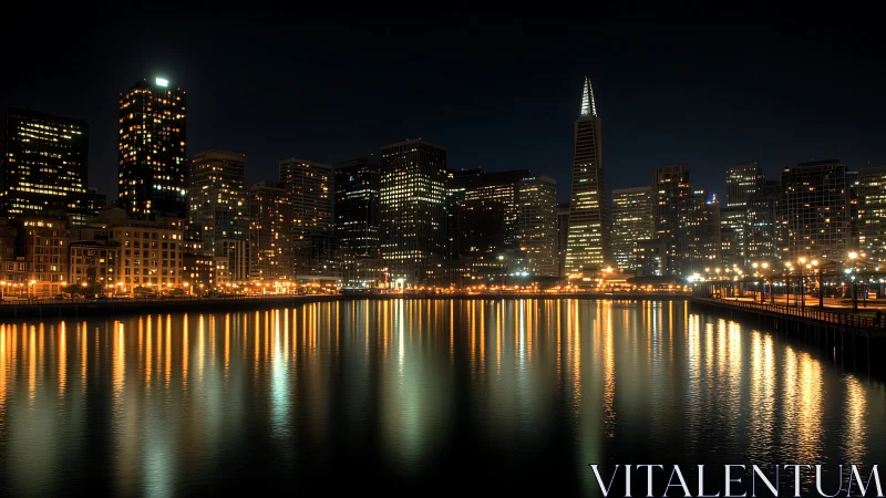 City skyline shows illuminated waterfront towers at night