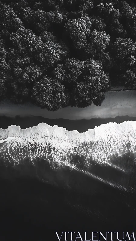 Moonlit waves kissing a shadowy forest shoreline at dusk.