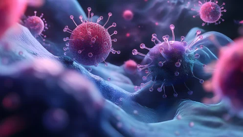 3D Illustration of Viruses Attacking Cells in a Vibrant Digital Style.