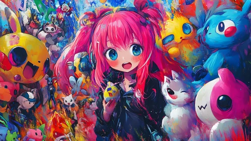 Neon pink anime girl amid vivid toy creature explosion.