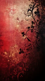 Grungy red background with dark floral vine pattern.