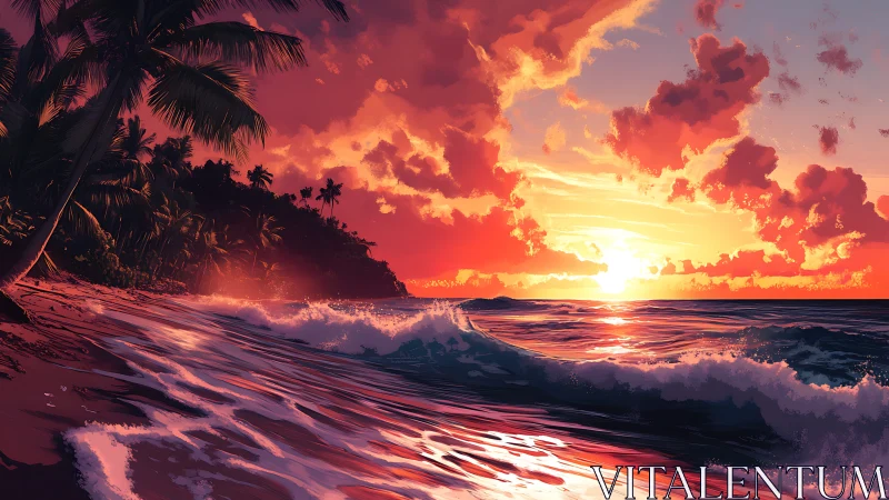 Tropical littoral sunset with chromatic surf dynamics rendered.