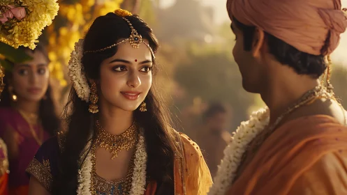 Photorealistic Indian wedding portrait with garlands and jewelry