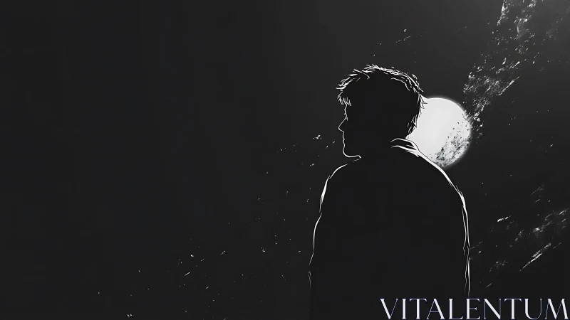 Silhouette of lone man in moonlit night sky scene.