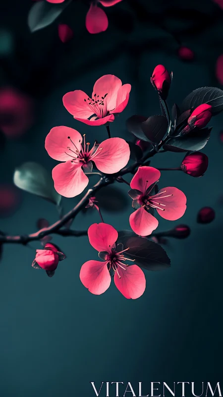 Neon Pink Blossoms Against Dark Teal Background.