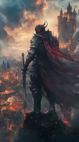 Dark warlord overlooking burning fantasy citadel.