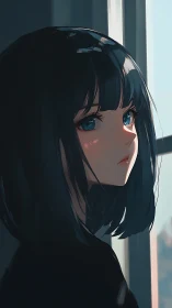 Melancholic girl portrait in cool window light glow.