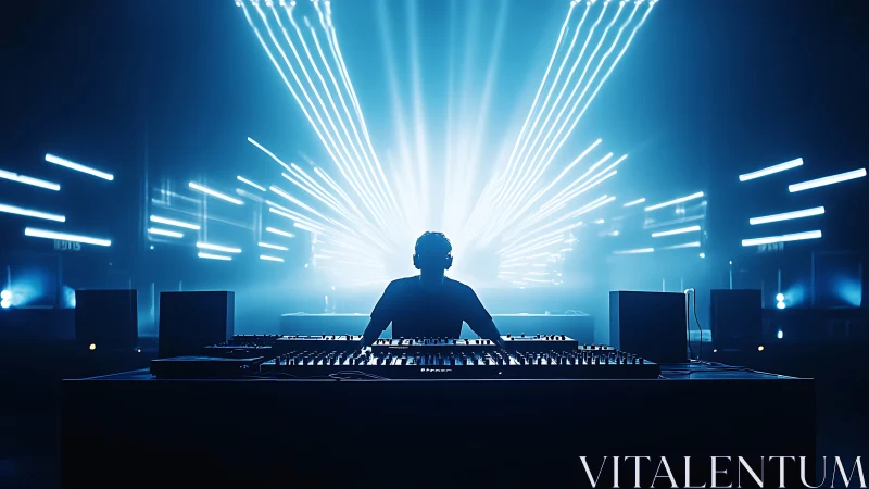 Laser-lit DJ silhouette bends electronic light into pulsing sound