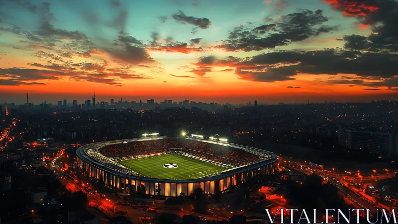 Floodlit football stadium dominates dusk skyline with vivid bokeh lighting