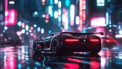 Midnight supercar glow on rain-soaked neon city streets.
