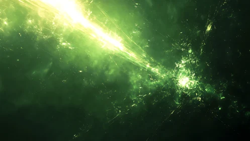 Green energy burst streaks diagonally across dark space