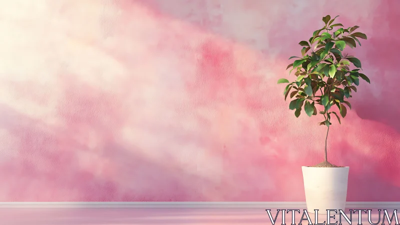 Potted indoor tree brightens a soft pink pastel wall