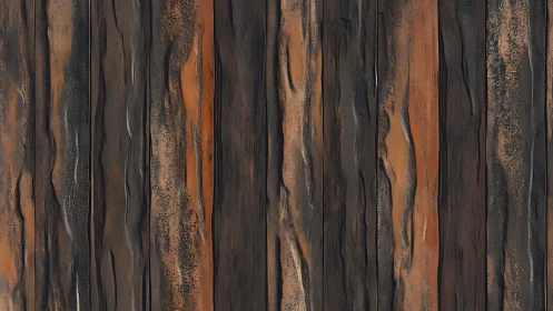 Weathered vertical wood planks with charred rust-brown patina