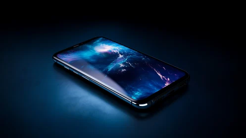 Photorealistic smartphone render with luminous neon display.