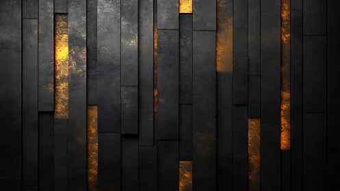 Abstract geometric wall with black panels and glowing gold accents.