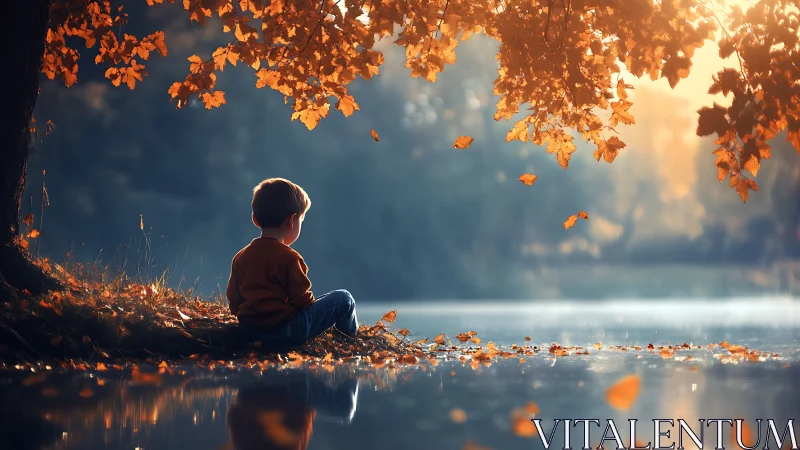 Child sits by an autumn lake in warm golden evening light
