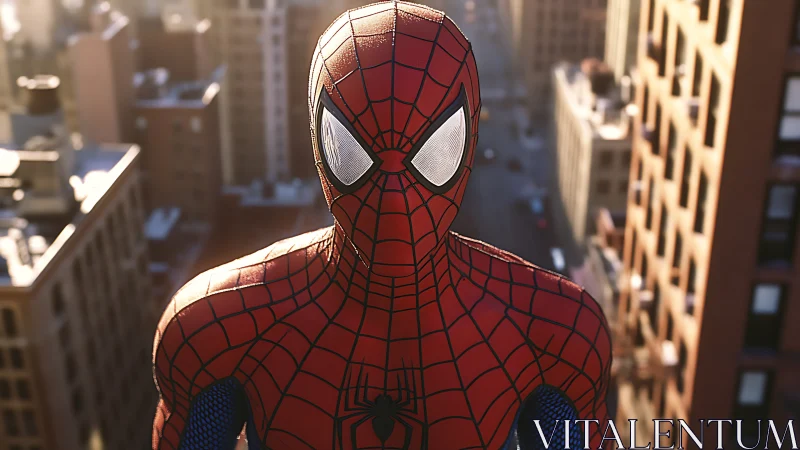 Spider-themed superhero on city rooftop in evening light.