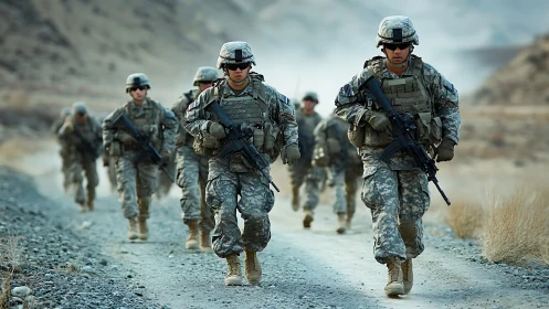 Armed soldiers conduct foot patrol along dusty mountain road.