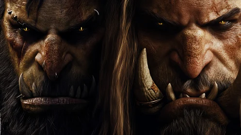 Twin orc warlords in intense golden-eyed close-up portrait.