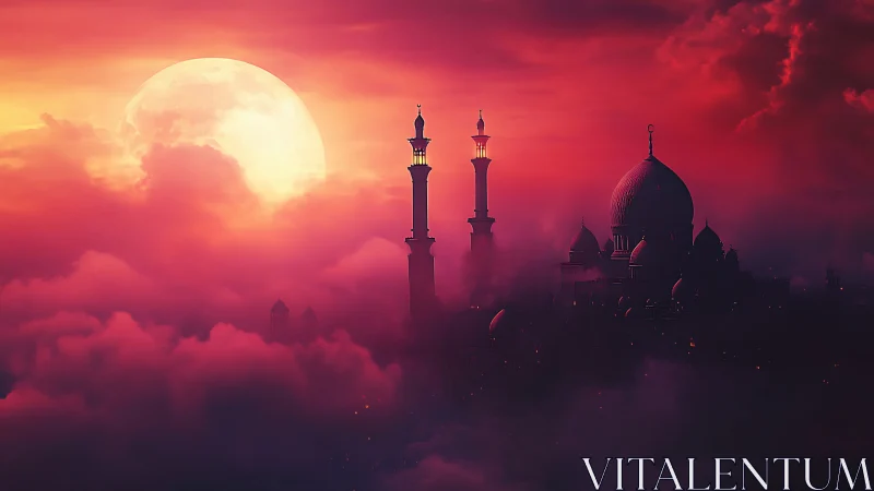 Moonlit palace domes rise through crimson dream clouds