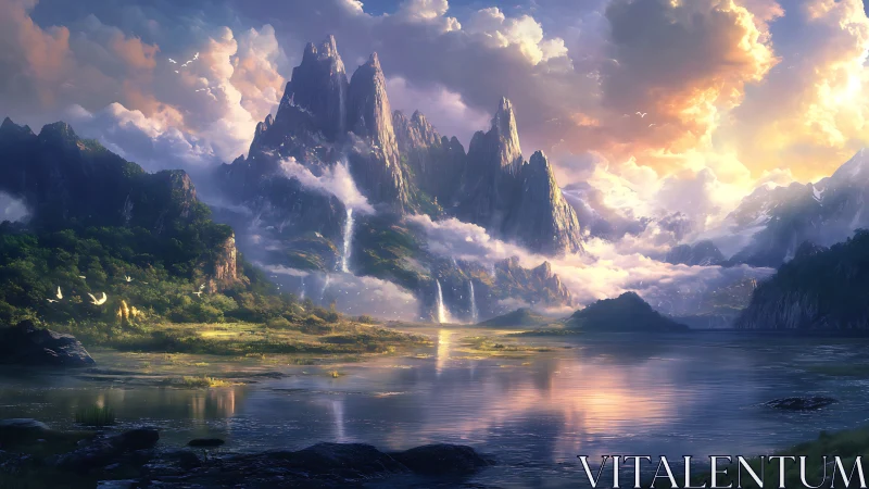 Mountain lake landscape with waterfalls and cloud layers.