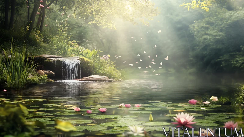Tranquil Forest Pond With Waterfall and Blooming Water Lilies, Photorealistic.