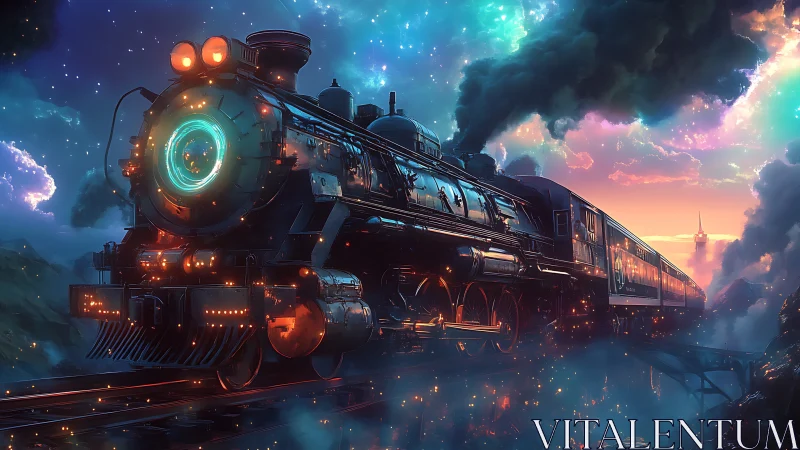 Celestial steam locomotive journeys through neon-lit skies.