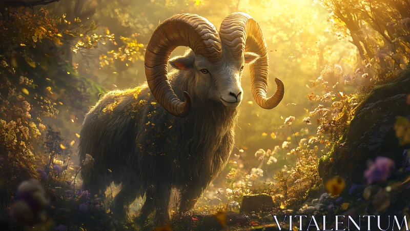 Majestic horned ram in golden backlit woodland clearing.