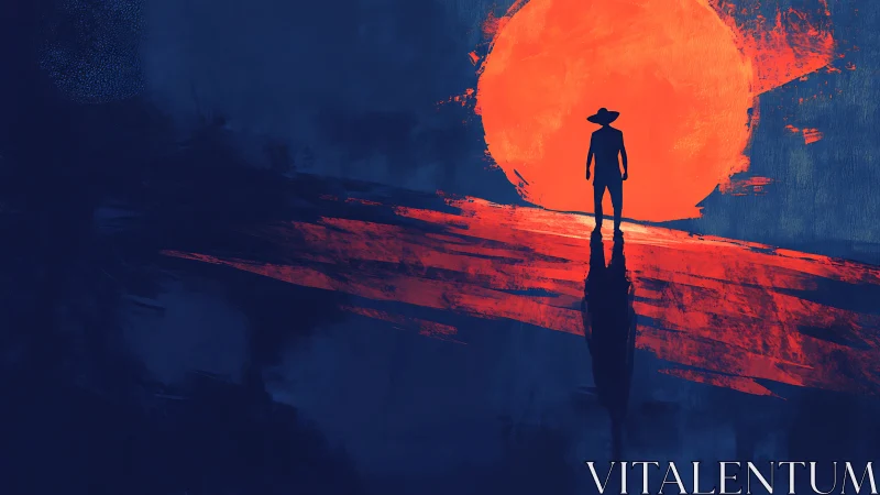 Silhouetted wanderer before oversized red solar disc.
