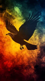 Silhouetted fire-winged eagle carves light through prismatic sky