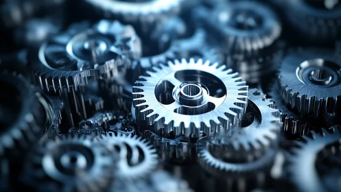 Interlocked steel gears in detailed mechanical arrangement.