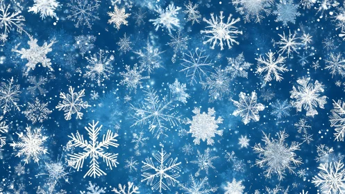 White snowflake pattern on blue textured winter background.