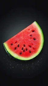 Watermelon slice rests on black background with droplets