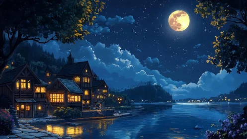 Moonlit riverside village rendered in high-detail digital painting