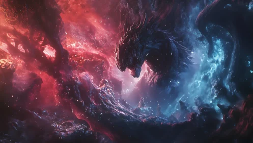 Cosmic dragon silhouette forms within red and blue nebulae