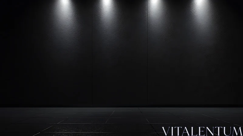 Dark empty interior wall lit by four overhead spotlights.