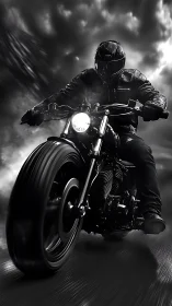 Motorcyclist on wet roadway under overcast dramatic sky.