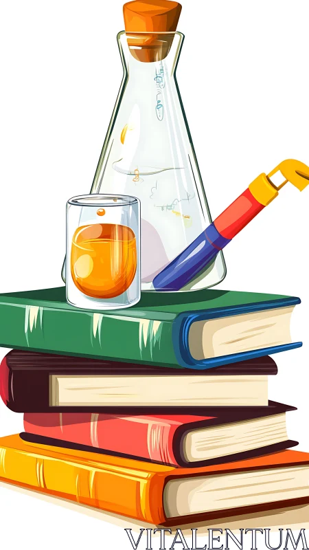 Laboratory glassware and books create stylized science concept