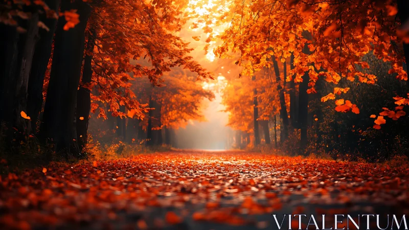 Autumn Canopy: Golden Hour Through Leaf-Laden Forest Path.
