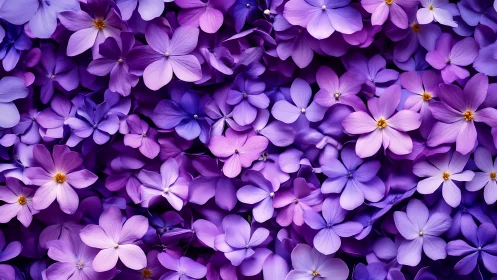 Densely Clustered Purple Flowers with Layered Petal Configurations and Yellow Staminal Centers.