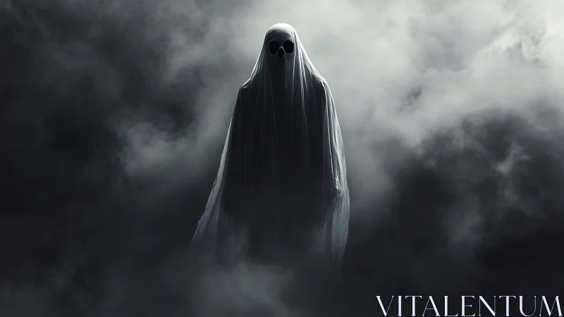 Shrouded ghostly figure emerging within stormy swirling fog.