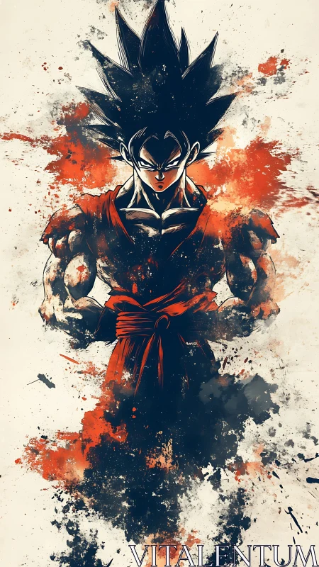 Explosive anime warrior portrait in ink-splatter style.