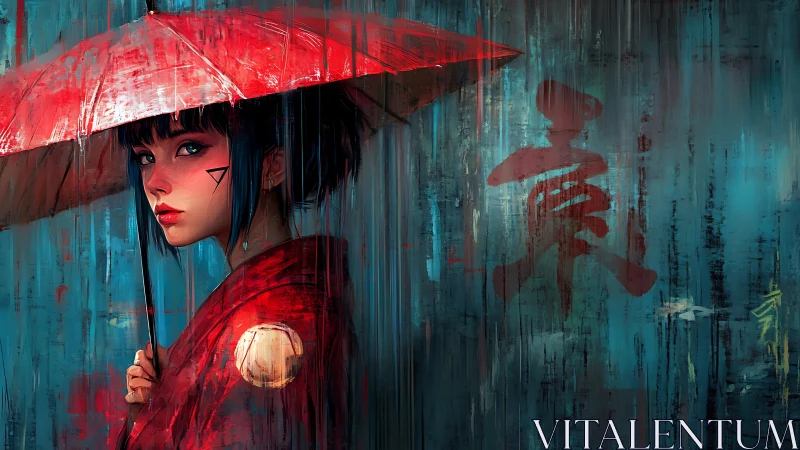 Cyberpunk geisha portrait under red umbrella in neon rain
