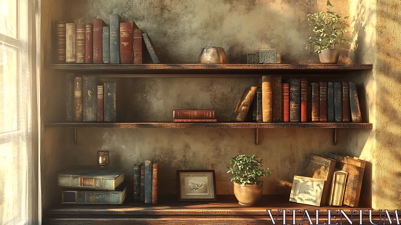 Sunlit library shelf quietly rehearses stories in warm dust