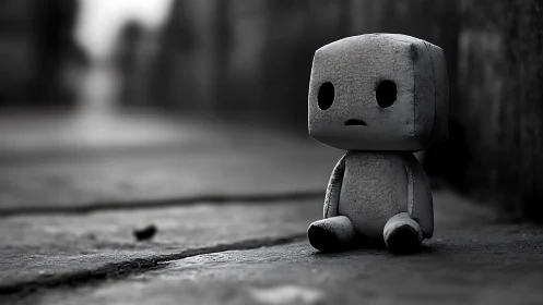 Small fabric robot toy sits alone on blurred urban ground