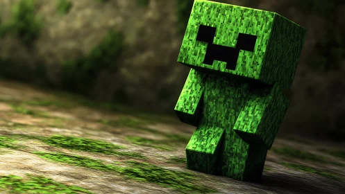 Blocky green character stands on textured ground plane